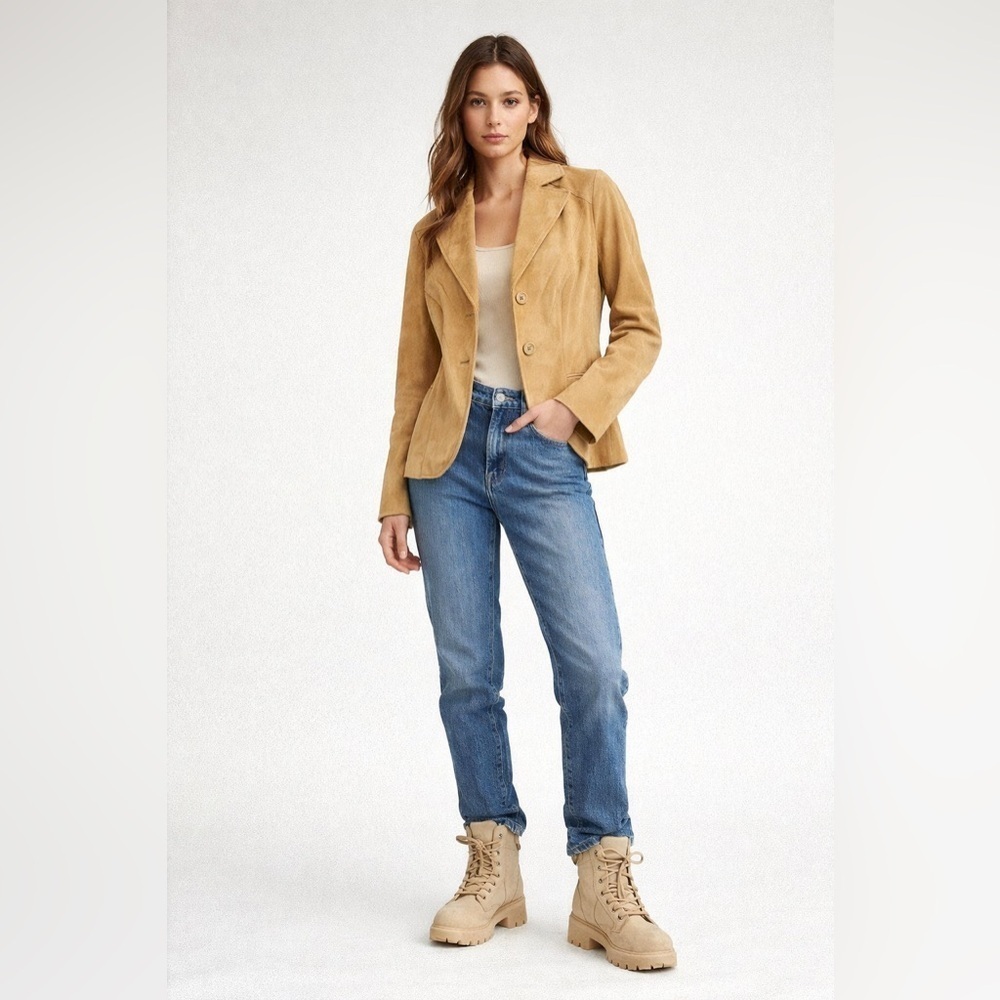 Siena Tan Suede Leather Blazer Jacket Women’s Size 4 Tailored Button Front